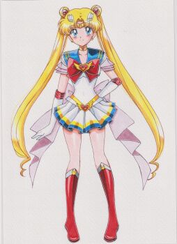 1girl absurdres adult_swim belt bishoujo_senshi_sailor_moon bishoujo_senshi_sailor_moon_r bishoujo_senshi_sailor_moon_r:_the_movie bishoujo_senshi_sailor_moon_s bishoujo_senshi_sailor_moon_s_the_movie:_kaguya-hime_no_koibito bishoujo_senshi_sailor_moon_stars bishoujo_senshi_sailor_moon_supers bishoujo_senshi_sailor_moon_supers_the_movie:_sailor_9_senshi_shuuketsu!_black_dream_hole_no_kiseki blonde_hair blue_eyes blue_sailor_collar bow chikoto_(kztc4472) choker collarbone cosmic_heart_compact crescent crescent_choker crescent_earrings double_bun earrings elbow_gloves gloves gold_belt hair_bun hair_ornament heart heart_choker highres jewelry long_hair magical_girl multicolored_skirt parted_bangs red_bow red_choker sailor_collar sailor_moon sailor_senshi_uniform skirt solo super_sailor_moon toei_company toonami tsukino_usagi twintails very_long_hair viz_media white_gloves white_skirt