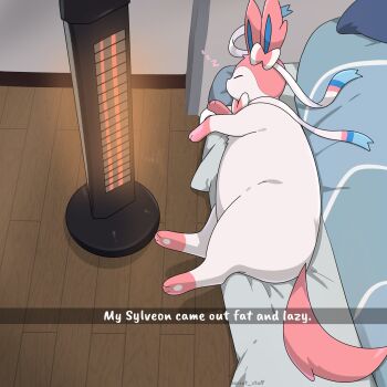 artist_name closed_eyes commentary english_text fat gen_6_pokemon heater highres lying nintendo no_humans on_bed on_side pokemon pokemon_(creature) pokemon_focus sarent_stuff spanish_commentary spanish_text sylveon tail wooden_floor zzz