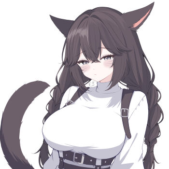 Rule 34 | 1girl, :/, animal ears, arms at sides, belt, belt buckle, black belt, black hair, blush, braid, braided twintails, breasts, buckle, closed mouth, commentary request, double-parted bangs, facial mark, final fantasy, final fantasy xiv, grey eyes, high-waist belt, highres, impossible clothes, impossible sweater, large breasts, long hair, long sleeves, looking at viewer, miqo'te, original, puff of air, sena miqo, sigh, simple background, solo, sweater, swimsuit, tail, turtleneck, turtleneck sweater, twin braids, upper body, whisker markings, white background, white sweater