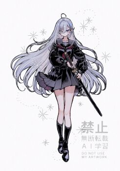 1girl absurdres ahoge black_sailor_collar black_serafuku black_shirt black_shoes black_skirt black_socks commentary full_body hair_over_one_eye highres holding holding_sword holding_weapon katana long_hair looking_at_viewer murasaki_pomeranian neckerchief pleated_skirt red_neckerchief sailor_collar school_uniform serafuku sheath sheathed shibou_yuugi_de_meshi_wo_kuu. shirt shoes simple_background skirt socks solo sword symbol-only_commentary weapon white_background white_hair yuuki_(shibou_yuugi)