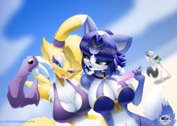 3girls absurdres beach digimon food furry hellaverse helluva_boss highres krystal looking_at_viewer loona_(helluva_boss) multiple_girls nintendo popsicle renamon star_fox