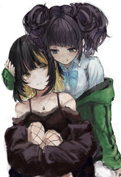 2girls :q absurdres aqua_bow aqua_bowtie black_camisole black_hair black_jacket blonde_hair bow bowtie camisole collared_shirt colored_inner_hair commentary_request fishnet_pantyhose fishnets green_jacket grey_eyes hand_on_another's_head highres hugging_own_legs idolmaster idolmaster_shiny_colors ikaruga_luca jacket jewelry long_sleeves looking_at_another medium_hair multicolored_hair multiple_girls necklace numata_eki off_shoulder pantyhose purple_hair shirt simple_background streaked_hair tanaka_mamimi tongue tongue_out twintails two-tone_hair white_background yellow_eyes