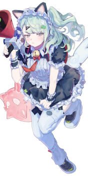 Rule 34 | 1girl, absurdres, backpack, bag, bell, black dress, commentary, dress, green eyes, green hair, hair ornament, hairclip, highres, holding, holding megaphone, looking at viewer, megaphone, neck bell, necktie, official alternate costume, red bag, red necktie, short sleeves, simple background, skirt, skirt tug, solo, sunna (afternoon tea break) (zenless zone zero), sunna (zenless zone zero), sweatdrop, thighhighs, usi 44, white background, white thighhighs, white wings, wings, wrist cuffs, zenless zone zero