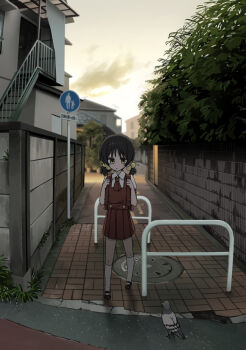 1girl ascot backpack bag bird black_hair channel_(caststation) collared_shirt dated_commentary dress evening expressionless hair_bobbles hair_ornament hair_tie highres holding_strap house kaai_yuki kneehighs low_twintails outdoors path photo-referenced pigeon red_ascot red_dress road road_sign school_uniform shirt short_sleeves short_twintails sign skirt socks solo standing twintails vocaloid white_shirt white_socks yellow_eyes