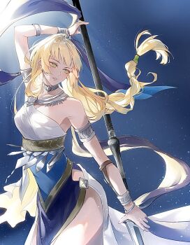 1girl alternate_costume armlet armpits bare_arms blonde_hair braid breasts cleavage commentary dancer dancer_(fire_emblem:_three_houses) dancing dress fire_emblem fire_emblem:_three_houses green_eyes highres ingrid_brandl_galatea jewelry long_hair looking_to_the_side medium_breasts nintendo parted_lips pelvic_curtain single-shoulder_dress solo zat_296