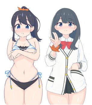 Rule 34 | 1girl, bikini, black bikini, black hair, black skirt, blush, bowtie, breasts, cardigan, cleavage, crossed arms, embarrassed, frown, gridman universe, hair ornament, hand in pocket, high ponytail, highleg, highleg bikini, layered bikini, long hair, miniskirt, multiple views, navel, ponytail, purple eyes, red bow, red bowtie, school uniform, scrunchie, shirt, side-tie bikini bottom, skindentation, skirt, small breasts, smile, ssss.gridman, standing, striped bikini, striped clothes, swimsuit, takarada rikka, thick thighs, thighs, uncool mochi, waving, whale tail (clothing), white background, white cardigan, white shirt, wide hips, wrist scrunchie