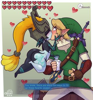 1boy 1girl ass assertive_female belt black_skin blonde_hair blush bottle cobat colored_skin earrings elf english_text gameplay_mechanics gloves grabbing_another&#039;s_face hat head_grab heart hetero highres holding_face huge_ass interspecies jewelry kiss link looking_at_another midna milk monster_girl multicolored_skin nintendo no_humans orange_hair pointy_ears shield shortstack size_difference surprised sword the_legend_of_zelda the_legend_of_zelda:_twilight_princess two-tone_skin weapon white_skin