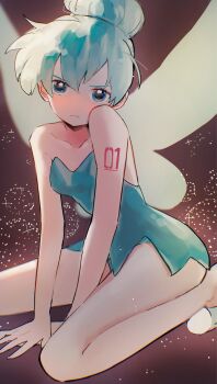 1girl aqua_dress aqua_hair between_legs collarbone commentary_request cosplay disney dress fairy fairy_wings hair_bun hand_between_own_legs hatsune_miku highres kneeling looking_at_viewer miyononon short_dress shoulder_tattoo sitting solo strapless strapless_dress tattoo tinker_bell_(disney) tinker_bell_(disney)_(cosplay) vocaloid walt_disney's_peter_pan wings