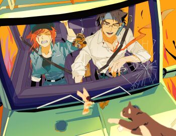 1boy 1girl baiken baseball_cap bird blue_headband brown_eyes brown_hair cat cellphone clenched_teeth crack cracked_glass driving facial_tattoo fangs glasses guilty_gear hat headband highres jumpsuit long_hair mito_anji motor_vehicle nathanielawierd necktie one_eye_closed orange_background orange_eyes orange_hair orange_necktie phone shirt short_hair talking_on_phone tattoo teeth truck white_shirt