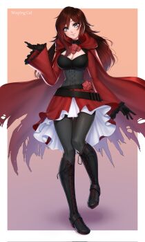 1girl aged_up artist_name belt boots border breasts cleavage commission flower full_body gloves grey_eyes highres knee_boots large_breasts long_hair long_sleeves looking_at_viewer pantyhose red_flower red_rose rose ruby_rose rwby solo w33ping_cat watermark white_border