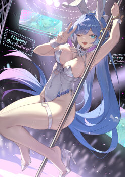 1girl ;d absurdres ameki_(virtuareal) animal_ears arm_up armpits blue_eyes blue_hair breasts chahu_pao chinese_commentary commentary_request commission covered_navel cuffs detached_collar dutch_angle fake_animal_ears full_body glass_slipper glowstick gradient_hair handcuffs hands_up happy_birthday high_heels highres large_breasts leotard long_hair looking_at_viewer mole mole_under_eye multicolored_hair nijisanji o-ring o-ring_thigh_strap one_eye_closed open_mouth pink_hair pole pole_dancing ponytail screen second-party_source see-through_clothes see-through_footwear shoe_dangle smile solo stage stage_lights stripper_pole thigh_strap v very_long_hair virtual_youtuber virtuareal white_leotard white_wrist_cuffs wrist_cuffs