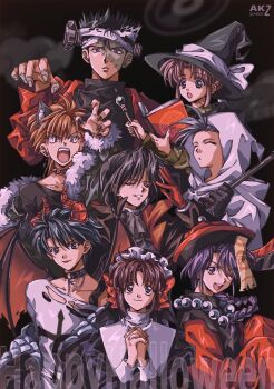 1girl 2000s_(style) 6+boys :o :p a9kzi alternate_costume animal_costume animal_ears anime_coloring artist_name ascot bandaged_head bandages black_ascot black_background black_coat black_collar black_ears black_hair black_hat black_jacket black_nails black_robe black_shirt blue_hair blue_jacket book bow braid brown_eyes brown_hair chain chain_leash chichiri_(fushigi_yuugi) chiriko_(fushigi_yuugi) claw_pose closed_eyes closed_mouth coat collar commentary_request cross cross_print demon_costume demon_horns demon_wings english_text facing_up fang faux_retro_artstyle fingernails frankenstein's_monster_costume fur-trimmed_jacket fur_trim fushigi_yuugi gloves green_eyes green_shirt grey_eyes grin hair_bow halloween halloween_costume hand_up happy_halloween hat head_tilt holding holding_book holding_wand horns hotohori_(fushigi_yuugi) interlocked_fingers jacket jacket_partially_removed jewelry jiangshi_costume leash long_hair long_sleeves looking_at_object looking_at_viewer middle_part mitsukake_(fushigi_yuugi) multiple_boys mystical_high_collar necklace nun nun_headdress nuriko_(fushigi_yuugi) o-ring_collar object_through_head ofuda one_eye_closed open_clothes open_coat open_jacket open_mouth orange_eyes orange_hair outstretched_arms own_hands_clasped own_hands_together parted_bangs parted_lips pearl_necklace qingdai_guanmao red_bow red_coat red_collar red_gloves red_hat red_horns red_jacket red_wings robe sanpaku screw_in_head sharp_fingernails sheet_ghost shirt side_braid side_part sidelocks simple_background single_braid single_claw_pose single_off_shoulder sleeves_past_fingers sleeves_past_wrists smile spiked_collar spiked_hair spikes stitches tamahome_(fushigi_yuugi) tareme tasuki_(fushigi_yuugi) tongue tongue_out torn_clothes torn_shirt tsurime turtleneck twitter_username two-sided_coat two-sided_fabric two-sided_jacket u_u upper_body v-shaped_eyebrows vampire_costume wand white_shirt wing_collar wings witch witch_hat wolf_costume wolf_ears yuuki_miaka zombie_pose