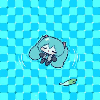 1girl aqua_hair aqua_necktie aqua_trim black_skirt black_sleeves blue_background blush checkered_background chibi chibi_only closed_eyes collared_shirt detached_sleeves double-parted_bangs floating_on_back full_body grey_shirt hair_between_eyes hair_ornament hashtag-only_commentary hatsune_miku highres long_hair miratsu_(miratsu169) necktie open_mouth optical_illusion pleated_skirt primrose_field_illusion ripples shirt skirt sleeveless sleeveless_shirt solo spring_onion twintails very_long_hair vocaloid
