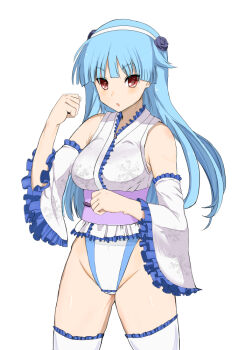 1girl aqua_hair blue_hair blush boots breasts cacaodecocoa detached_sleeves female_focus flower frilled_thighhighs frills hair_flower hair_ornament hairband japanese_clothes kimono kokoneri leotard long_hair looking_at_viewer obi open_mouth red_eyes ring_dream rose sasaki_yukime sash simple_background solo thighhighs white_background white_thighhighs wrestling_outfit yuki_onna_(ring_dream)