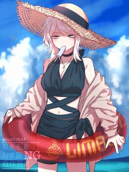 1girl bikini black_bikini black_bow blue_eyes blue_sky bow breasts closed_mouth cloud cloudy_sky faust_(project_moon) food food_in_mouth highres jacket limbus_company looking_at_viewer outdoors pool_float popsicle popsicle_in_mouth project_moon rug_(yurari606) short_hair simple_background sky solo standing swimsuit upper_body white_hair white_jacket