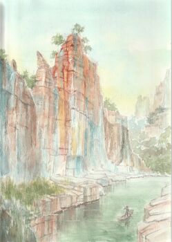 1other ambiguous_gender boat cliff commentary_request day highres landscape original outdoors painting_(medium) paruperu river scenery traditional_media very_wide_shot watercolor_(medium) watercraft