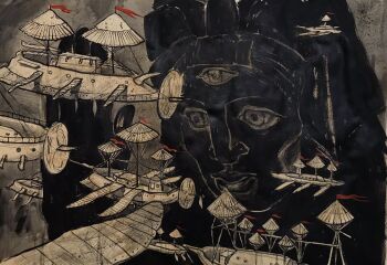 1girl abstract_background aelita_(tolstoy) aircraft airplane airship black_hair black_skin brown_background brown_eyes brown_sky brown_theme character_request closed_mouth colored_skin commentary_request flag frown giant giantess hair_ornament hand_up highres limited_palette propeller russian_commentary scenery science_fiction sepia sky solo spot_color steampunk streamers third_eye traditional_media wide-eyed yaroslava_murashko