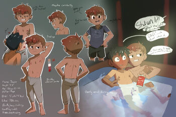3boys absurdres after_kiss age_difference alcohol anonanim barefoot bathing beer beer_can black_eyes blush brown_hair bulge can caught commentary completely_nude constricted_pupils drink_can ear_piercing english_commentary erection fellatio grey_pants grin half-closed_eyes heart highres hot_tub jasper_(anonanim) looking_at_viewer male_focus multiple_boys multiple_views navel nipples nude onii-shota oral original pants piercing reference_sheet saliva saliva_trail shorts shota shotajiji smile sweatpants tear_troughs underage_drinking water_censor yaoi