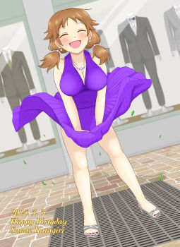 1girl absurdres bare_legs bare_shoulders blush breasts brown_hair cleavage closed_eyes clothes_shop cosplay dated dress earrings grate hair_bobbles hair_ornament halter_dress halterneck happy_birthday high_heel_sandals high_heels highres idolmaster idolmaster_cinderella_girls jewelry katagiri_sanae large_breasts low_twintails marilyn_monroe marilyn_monroe_(cosplay) nail_polish necklace open_mouth pearl_necklace pleated_dress purple_dress road sandals scene_reference short_twintails smile street the_seven-year_itch toeless_footwear toenail_polish toenails twintails vent_(object) waikaze white_footwear wind wind_lift
