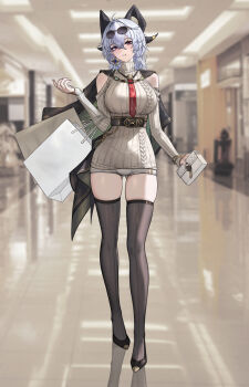 1girl absurdres ahoge bag black_horns black_jacket black_shoes black_thighhighs clothing_cutout commentary curled_horns dress earrings full_body gluteal_fold grey_dress grey_hair grey_shorts hair_between_eyes hair_intakes highres holding holding_bag horns jacket jacket_on_shoulders jewelry long_hair long_sleeves looking_at_viewer official_alternate_costume parted_lips photo_background red_eyes shoes shopping_bag shorts shoulder_cutout solo sweater sweater_dress thighhighs thighs wuthering_waves yuhou_rainbow zani_(downtown_repose)_(wuthering_waves) zani_(wuthering_waves)