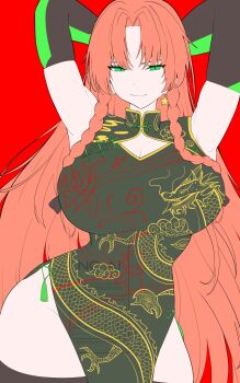 1girl armpits arms_up black_thighhighs braid breasts china_dress chinese_clothes cleavage dragon_print dress green_eyes highres hirwannew hong_meiling huge_breasts long_hair looking_at_viewer orange_hair red_background smile solo thick_thighs thighhighs thighs touhou very_long_hair