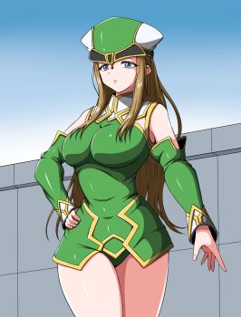 1girl blonde_hair blue_eyes blue_sky breasts commentary_request covered_navel cowboy_shot detached_sleeves dress eyelashes freya_(valkyrie_profile) green_hat green_leotard green_sleeves hand_on_own_hip hat highres large_breasts leotard long_hair long_sidelocks looking_at_viewer luna_satanel parted_lips shiny_clothes shiny_skin sidelocks sky solo standing thick_thighs thighs valkyrie_profile_(series) valkyrie_profile_1