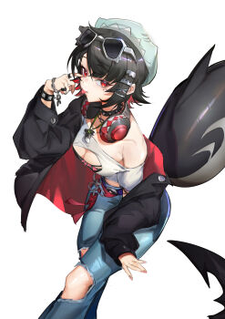 1girl absurdres alternate_costume arm_up black_hair black_jacket blue_pants bracelet breasts chain chain_necklace cleavage_cutout clothing_cutout collar collarbone colored_inner_hair commentary_request cowboy_shot crop_top ellen_joe eyewear_on_head finger_to_eye fins fish_tail harry80779192 headphones headphones_around_neck highres jacket jacket_partially_removed jewelry looking_at_viewer medium_breasts mole mole_under_eye multicolored_hair necklace pants razor_blade_hair_ornament red_eyes scar scar_on_tail shark_girl shark_tail shirt short_hair simple_background single_bare_shoulder solo spiked_bracelet spiked_collar spikes sunglasses tail tongue tongue_out torn_clothes torn_pants white-framed_eyewear white_background white_shirt zenless_zone_zero