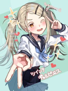 1girl black_sailor_collar black_skirt blonde_hair blue_neckerchief blush border colored_eyelashes commentary_request cowboy_shot fingernails gakuen_idolmaster green_background gyaru_v hair_ornament hairclip hatsuboshi_gakuen_school_uniform heart highres idolmaster long_hair long_sleeves looking_at_viewer miniskirt neckerchief one_eye_closed open_mouth orange_eyes outstretched_arm parallel_hairclips parted_bangs pleated_skirt sailor_collar school_uniform serafuku shinosawa_hiro shirt skirt smile solo sparkle translation_request transparent_border tsubakiya_setsuna twintails v watermark white_shirt