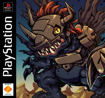 Rule 34 | black wings, blue skin, box art, colored skin, commentary, cyborg, derivative work, digimon, digimon (creature), digimon world, dinosaur, english commentary, fake box art, helmet, highres, horns, long hair, mechanical arms, metalgreymon (virus), no humans, playstation logo, red hair, ridgeone, sharp teeth, single mechanical arm, slit pupils, solo, spiked hair, teeth, torn wings, video game cover redraw, wings, yellow eyes