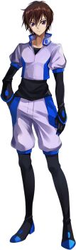 1boy black_gloves boots brown_hair closed_mouth code_geass code_geass:_genesic_re;code elzero fingerless_gloves full_body gloves hand_on_own_hip jacket looking_at_viewer male_focus official_art short_hair shorts simple_background solo standing transparent_background