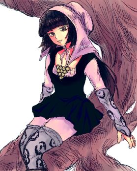 1girl animal_print black_dress black_hair blunt_bangs brown_eyes dress e0aga hat highres jojo_no_kimyou_na_bouken leopard_print looking_at_viewer pink_hat print_thighhighs sitting smile solo steel_ball_run sugar_mountain thighhighs tree