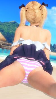 1girl 3d ass back beach bikini blonde_hair crotch day dead_or_alive dead_or_alive_xtreme dead_or_alive_xtreme_venus_vacation from_behind highres marie_rose medium_hair ocean sand shiny_skin skirt striped_bikini striped_clothes swimsuit thighs twintails water wet
