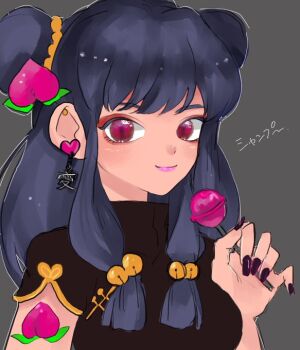 1girl candy china_dress chinese_clothes double_bun dress food hair_bun lollipop long_hair looking_at_viewer purple_hair ranma_1/2 shampoo_(ranma_1/2) shoes sidelocks smile