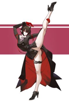 1girl absurdres arknights arms_up ascot black_coat black_hair black_shoes bottomless breasts censored coat coattails commentary_request entelechia_(arknights) full_body gloves high_heels highres leg_up looking_at_viewer medium_breasts mosaic_censoring parted_lips playerz pointy_ears pussy red_background red_eyes red_gloves shoes short_hair smile solo split standing standing_on_one_leg standing_split thigh_strap two-tone_background white_ascot white_background