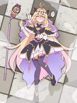 Rule 34 | 1girl, antenna hair, black bow, black bowtie, black capelet, black dress, black shoes, black thighhighs, blonde hair, blush, bow, bowtie, broken staff, brooch, capelet, closed eyes, commentary, crossed bangs, cure arcana shadow, curled fingers, defeat, diamond hairband, dirty, dirty clothes, dirty face, dress, dust cloud, facing up, flat chest, forehead jewel, frilled capelet, frills, from above, full body, furrowed brow, gem, gold trim, gradient hair, hair between eyes, hair bow, hair intakes, hairband, hand on own stomach, heart, heart brooch, highres, jewelry, long hair, lying, magical girl, medium dress, meitantei precure!, moria luluka, multicolored hair, on back, on ground, parted lips, pink hair, precure, purple gem, purple veil, shichigo (shichigofight75), shoes, sleeveless, sleeveless dress, solo, staff, tear arcana rod, thighhighs, two-tone hair, unconscious, veil, very long hair, white wrist cuffs, wrist cuffs, zettai ryouiki