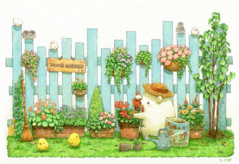 artist_name baby_animal bag bear bird broom chick colored_pencil fence finch flower_pot garden grass hat java_sparrow no_humans original painting_(medium) pencil plant potted_plant signature simple_background st.kuma straw_hat traditional_media trowel watercolor_(medium) watering_can white_background white_java_sparrow wooden_fence
