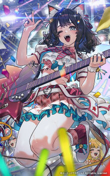Rule 34 | 3girls, animal ear fluff, atelier (series), atelier resleriana, black hair, blonde hair, commentary request, crop top, electric guitar, eyelashes, frilled shirt, frilled skirt, frilled wristband, frills, grey eyes, grey hair, guitar, hair ornament, highres, idol, instrument, izana kokoschka, johanna (atelier), jumping, kimon (atelier), kneehighs, lens flare, multiple girls, navel, neckerchief, official art, one eye closed, puffy short sleeves, puffy sleeves, sarcophage, second-party source, shirt, shoes, short sleeves, skirt, smile, socks, stage, stage lights, teeth, thighs, upper teeth only, watermark