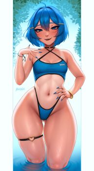 1girl art_trade bikini black_choker blue_bikini blue_eyes blue_hair blue_nails blush bracelet breasts character_request choker copyright_request fangs gluteal_fold hand_on_own_hip highleg highleg_bikini highres in_water jewelry navel novenine short_hair small_breasts solo swimsuit tan tanline thick_thighs thigh_strap thighs wading wide_hips
