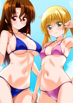 2girls aged_up armpits bare_shoulders bikini blonde_hair blue_bikini blush breasts brown_hair cleavage commission day engo_(aquawatery) green_eyes groin hayate_no_gotoku! highres large_breasts light_blush long_hair looking_at_viewer maria_(hayate_no_gotoku!) midriff multiple_girls navel outdoors pink_bikini pixiv_commission red_eyes sanzen&#039;in_nagi sky small_breasts smile swimsuit thigh_gap thighs twintails underboob wavy_mouth
