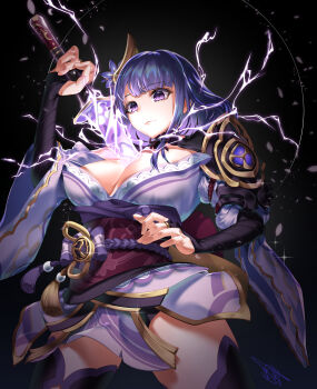 1girl absurdres acuma black_background blunt_bangs breasts bridal_gauntlets cleavage closed_mouth commentary drawing_sword electricity expressionless genshin_impact glint glowing glowing_sword glowing_weapon hair_ornament highres holding holding_sword holding_weapon huge_breasts human_scabbard japanese_clothes kimono lingerie long_braid looking_down looking_to_the_side mitsudomoe_(shape) musou_isshin_(genshin_impact) no_mole off_shoulder purple_eyes purple_hair purple_kimono purple_thighhighs raiden_shogun red_sash sash sword sword_between_breasts thighhighs thighs tomoe_(symbol) underwear weapon