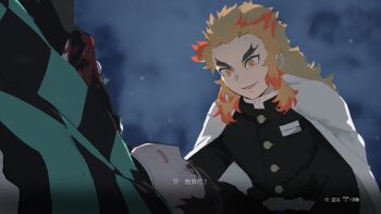 2boys black_pants black_shirt blonde_hair blood brown_hair button_prompt checkered_haori cloud cloudy_sky demon_slayer_uniform haori japanese_clothes kamado_tanjirou kimetsu_no_yaiba lying multiple_boys on_back open_mouth pants rengoku_kyoujurou samidare_(hoshi) sekiro:_shadows_die_twice shirt sky subtitled translation_request user_interface white_haori