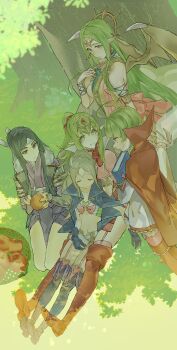 (fire_emblem) 5girls absurdres apple black_hair boots cape drooling fire_emblem fire_emblem_awakening fire_emblem_heroes food fruit garter_straps green_hair highres holding holding_food index_finger_raised long_hair lying_on_person multiple_girls naga_(fire_emblem) naga_(ruler_of_dragons)_(fire_emblem) nah_(fire_emblem) nature nintendo nowi_(fire_emblem) red_cape say&#039;ri_(fire_emblem) seiza sitting sleeping sokoo tiki_(adult)_(fire_emblem) tiki_(fire_emblem) tree under_tree very_long_hair