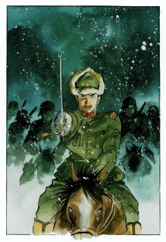 Rule 34 | absurdres, cavalry, hat, highres, holding, holding weapon, horse, insignia, manchukuo, military, military hat, military uniform, non-web source, rainbow trotsky, sword, weapon, world war ii, yasuhiko yoshikazu