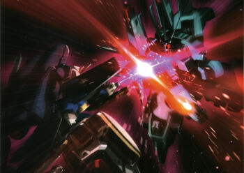 aeug artist_request battle crossed_swords doven_wolf duel energy energy_beam energy_sword glowing gundam gundam_perfect_file gundam_zz highres lens_flare machinery mecha mecha_focus mobile_suit motion_blur motion_lines neo_zeon no_humans official_art one-eyed realistic robot scene_reference science_fiction space star_(sky) sword weapon zero_gravity zz_gundam