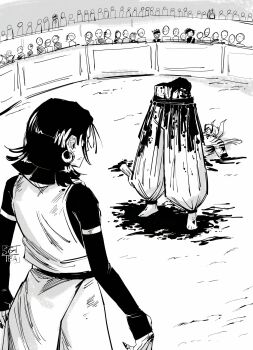 1girl 2025 20s 4boys arena audience bisected blood bruise cross_val_vol_yelvori dabura_(jujutsu_kaisen_modulo) defeat highres injury jujutsu_kaisen jujutsu_kaisen_modulo marulu_val_vol_yelvori multiple_boys okkotsu_tsurugi okkotsu_yuka sgttea surprised