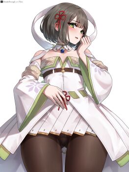 1girl artist_name blush brown_hair brown_pantyhose commentary_request completion_time cowboy_shot detached_collar detached_sleeves dress flat_chest from_below green_eyes green_trim highres looking_at_viewer miyabi_(xenoblade) open_mouth paid_reward_available panties panties_under_pantyhose pantyhose pleated_skirt riro_(breakthrough_rr) short_hair simple_background skirt solo twitter_x_logo underwear white_background white_dress white_skirt white_sleeves xenoblade_chronicles_(series) xenoblade_chronicles_3