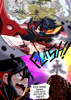 Rule 34 | 2girls, black hair, black thighhighs, blood, blood on face, breasts, cleavage, commentary, dress, english commentary, highres, issa castagno, kill la kill, kiryuuin ragyou, large breasts, matoi ryuuko, miniskirt, multicolored hair, multiple girls, navel, plunging neckline, rainbow hair, red eyes, revealing clothes, scissor blade (kill la kill), senketsu, skirt, streaked hair, suspenders, thighhighs, two-tone hair, underboob, white dress