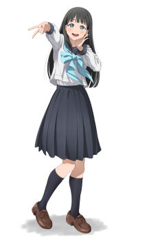 1girl absurdres akebi-chan_no_serafuku akebi_komichi black_hair blue_background blue_eyes blue_neckerchief blue_skirt blue_socks commentary_request full_body highres kneehighs kyoukyan loafers long_hair long_sleeves neckerchief roubai_academy_school_uniform_(old) sailor_collar school_uniform serafuku shadow shoes shouting skirt smile socks transparent_background undershirt v
