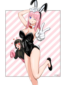 2girls black_hair black_leotard border breasts cleavage double_v hands_up hongou_hina isshou_senkin leotard light_blush long_hair long_sleeves looking_at_another looking_at_viewer multicolored_hair multiple_girls one_eye_closed open_mouth pink_background pink_hair playboy_bunny rabbit_ears rabbit_tail shinonome_rei_(isshou_senkin) shoes sleeves_past_fingers sleeves_past_wrists smile streaked_hair striped_background thighs tongue tongue_out two-tone_hair user_fugv2783 v white_background white_border