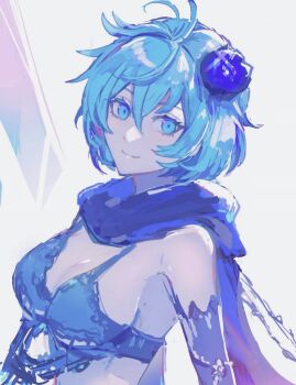 1girl blue_bra blue_eyes blue_hair blue_scarf bra breasts closed_mouth detached_sleeves drag-on_dragoon drag-on_dragoon_3 flower hair_between_eyes hair_flower hair_ornament highres large_breasts looking_at_viewer miichinori scarf short_hair solo two_(drag-on_dragoon) underwear upper_body